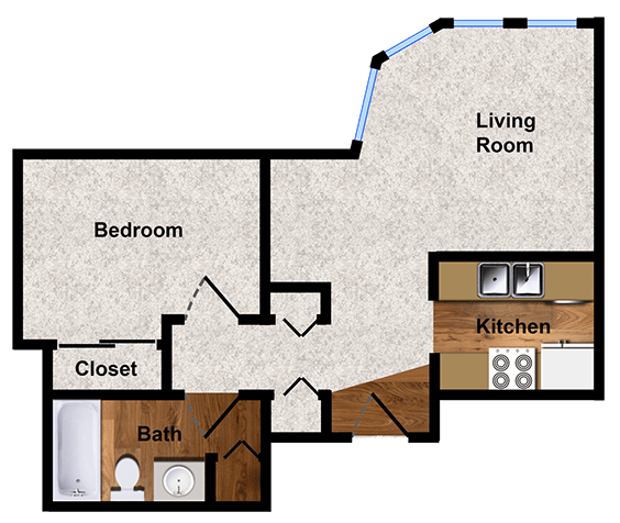 One-bedroom One-bath 700 sq. ft. floor plan at Alpine Park Apartments