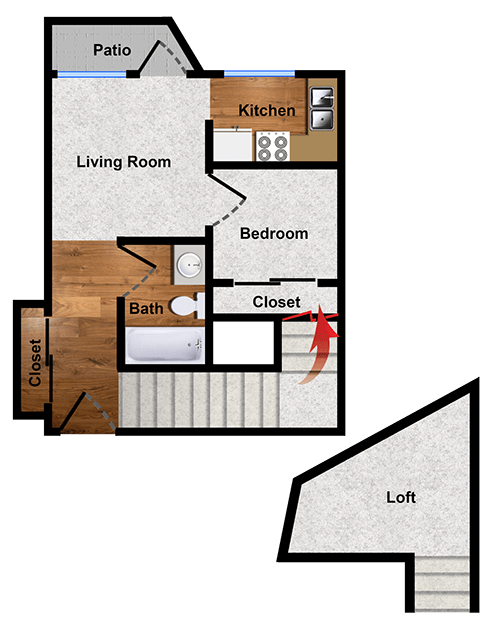 One-bedroom floor plan of Walnut Creek apartment for rent