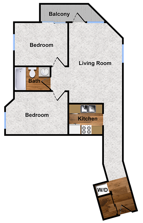 2-bed 1-bath apartment floor plan at Alpine Park